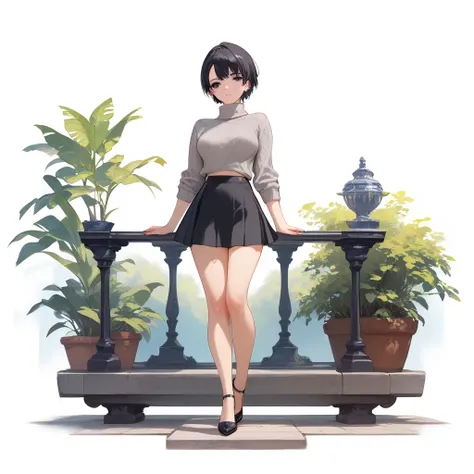 A thin girl with medium breasts, short black hair to shoulders, black eyes, gray sweater, black short skirt, full body, simple background, standing,  high resolution,  masterpiece,  Anatomically correct ,  Precise,  The best quality , Detail, Details altos...