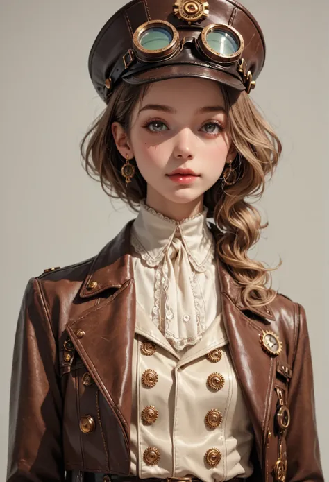 score_9, score_8_up, score_7_up, score_6_up, photo, realism, photorealistic, Industrial steampunk mechanic girl, perfectly detailed face, (hat:0.8), goggles, steampunk beige leather double breasted jacket, beige tweed fabric pleated skirt, (leather laced b...