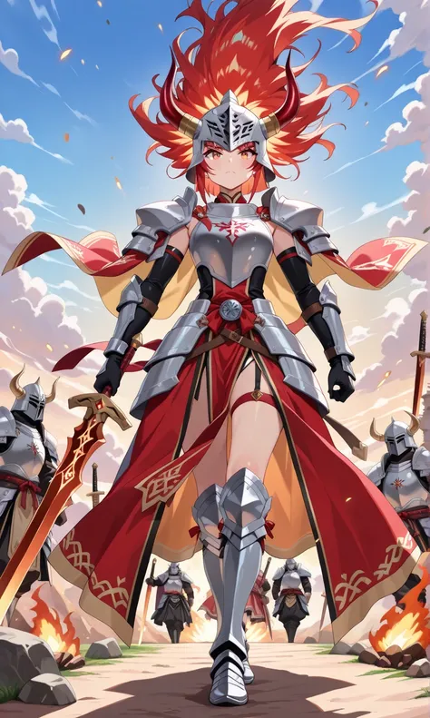 (((masterpiece, best quality, high detailed, 16k))) (1girl) A fierce female warrior with fiery red hair flowing in the wind, her eyes blazing with determination. She wears a radiant armor of crimson and gold, adorned with ram horns on the helmet and should...