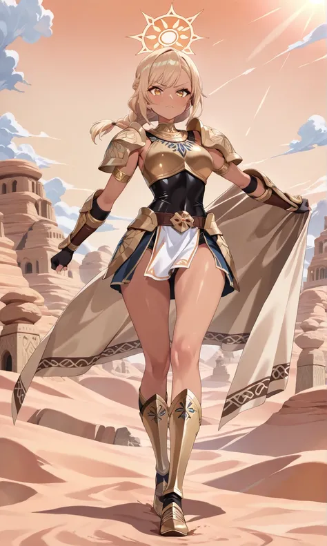 (((masterpiece, best quality, high detailed, 16k))) (1girl) A tall, sun-kissed female warrior with short, sandy blonde hair, tied back in a tight braid. Her amber eyes gleam with fierce determination, and her skin is tanned from countless battles under the...