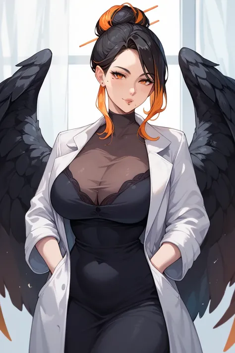 Black hair, mature woman, orange eyes, orange highlights, hair bun,Black lab coat, anime style, curvy body ,Black wings with orange details,Mole near the mouth 