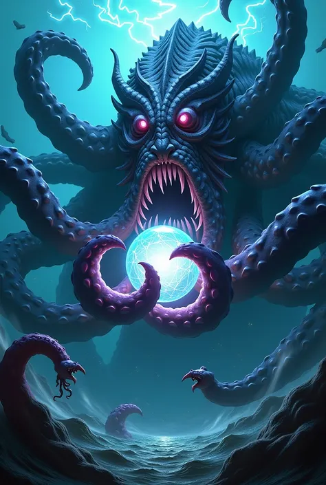 The Kraken holding the glowing Pearl of Chaos in its tentacles, surrounded by a swirling storm of ink and electric eels in a dramatic, high-action underwater setting