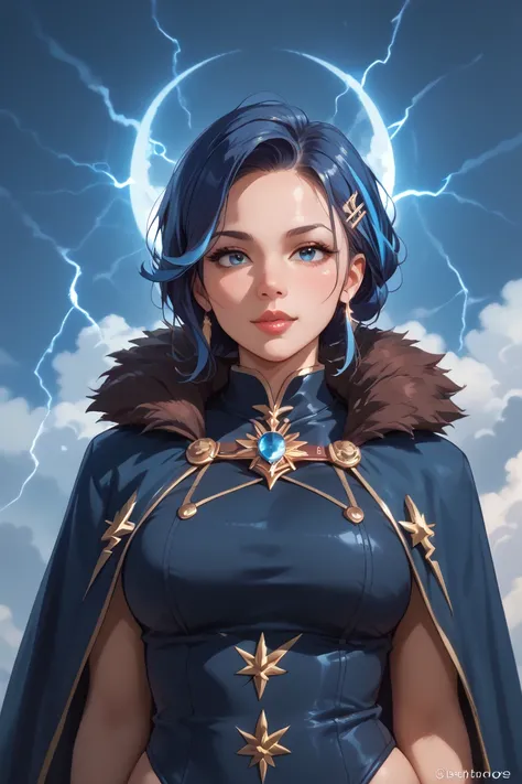 A woman with her face giving the look of a mature woman, and her clothing of cape and coat are flowing, with dark blue colors on it and lightning motifs on it. Her hair shorter but wavy, with a thunder hairpin on the side of it. with the hair color black b...