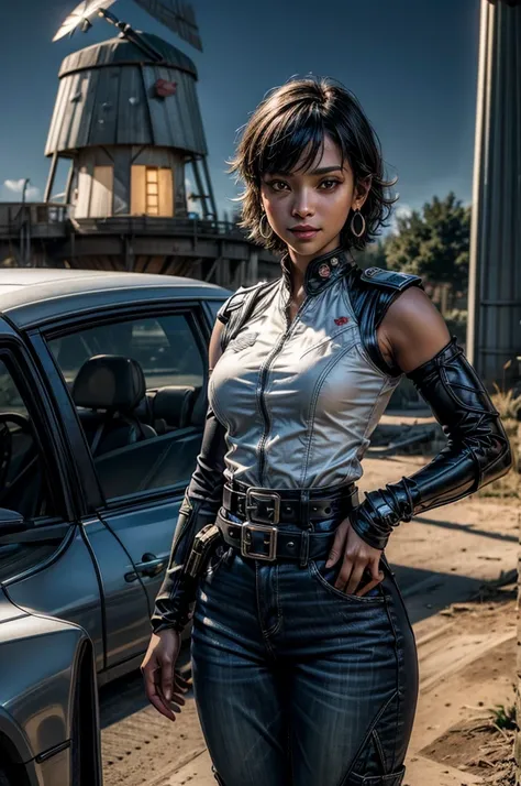 OliveHarper, 1girl, solo,l, short hair, black hair, jewelry, medium breasts, yellow eyes, earrings, detached sleeves, sleeveless, black belt, blue pants, dark skin, dark-skinned female, black belt, belt buckle, vambraces, standing, smile, post apocalyptic ...