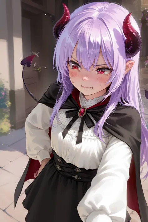 girl, fantasy, long hair, purple hair, kawaii, tsundere, red eye, small and black demon horn, clumsy, emberrassed, cutie face, semi realistic, 8k, black cape, small demon tail only, white blouse, nervous emotion