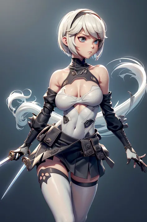 NieR Automata, (NieR Automata), Alone, ray tracing, Style 3D, 3DMM,  full body ,(Front view), (Emist on the left),( very large breasts ),perfect belly, perfect and symmetrical eyes, (perfect handuturistic sword in hand)), (( short hair)),  fair skin ,  fin...