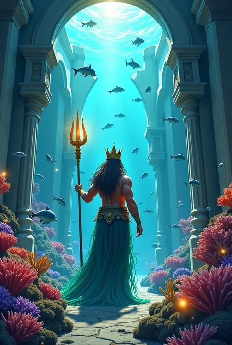 Poseidon returning to Atlantis, greeted by a parade of sea creatures, colorful coral arches, and glowing orbs lighting up the underwater city