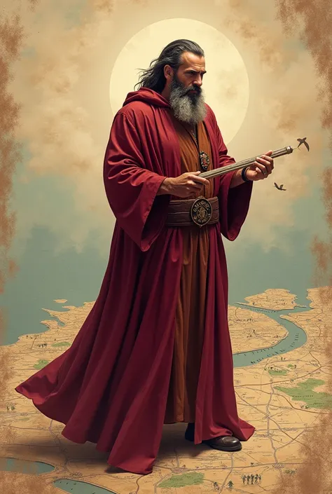 A wise , Strategist dressed in a long burgundy robe stands on a map of Beirut. He holds a club logo in his hands,  and a wind breeze blowing through the scene ,  which is symbolic of his influence on the game .

