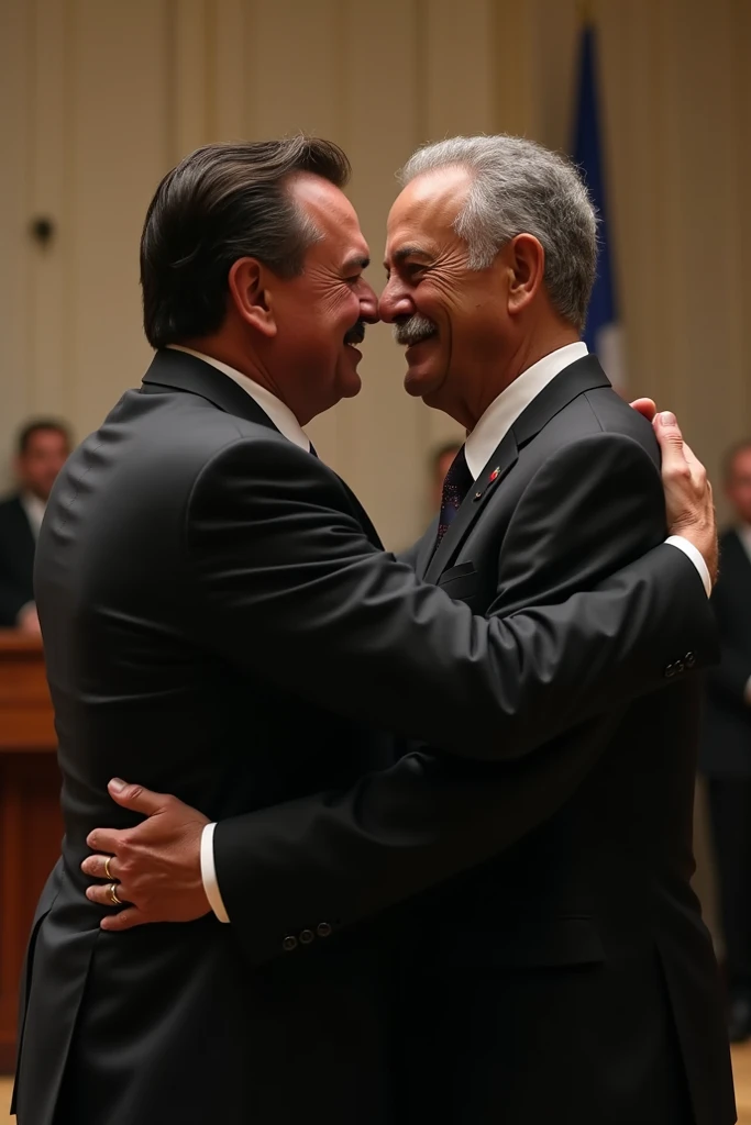 Make former Brazilian president Jair Messias Bolsonaro give an intimate hug with current president Luiz Inácio Lula da Silva