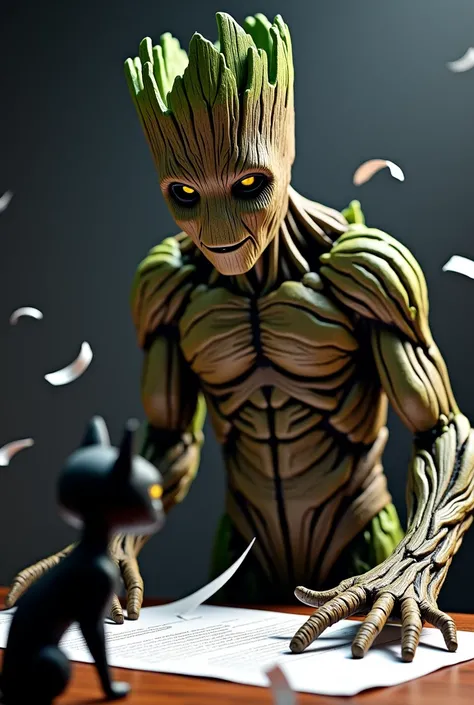 Groot Tearing up a contract in front of a black cat