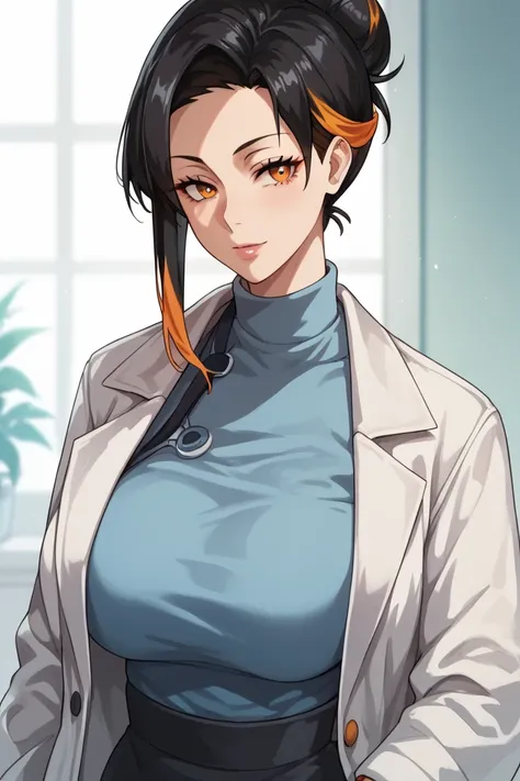 Black hair, mature woman, orange eyes, orange highlights, hair bun,Black lab coat, anime style, 