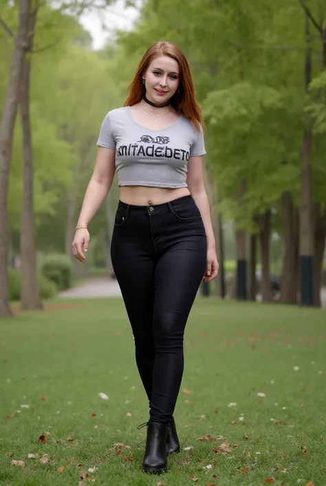   laneygr4y a woman walking around dressed very sexy, Thicc curvaceous voluptuous flat stomach , wide and high hips , Redhead in the park ,  Context  " t-shirt @AnitadeBeto "