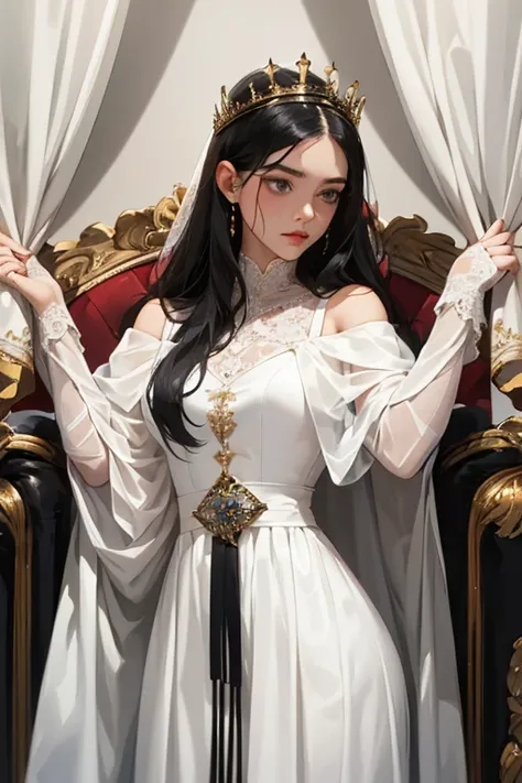 (masterpiece, highest quality), 1 Girl, alone, (Queen:1.15), Black Hair, Long Hair, curtain, White Dress, Queen&#39;s Dress, Aurora, (sunlight, null, river, forest), Expressionless, Red eyes, (Art Nouveau:1.2), Alphonse Mucha, tiara, (Face focus, Upper Bod...