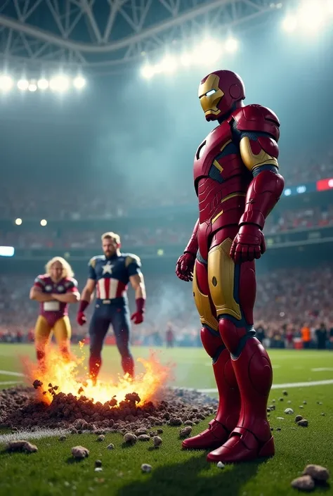 On a futuristic football field, a smoking crater replaces the shattered goalpost. Iron Man stands at the penalty spot, his red and gold suit glowing, with his mask retracted, smirking smugly. In the background, Thor doubles over with laughter, Mjolnir spar...