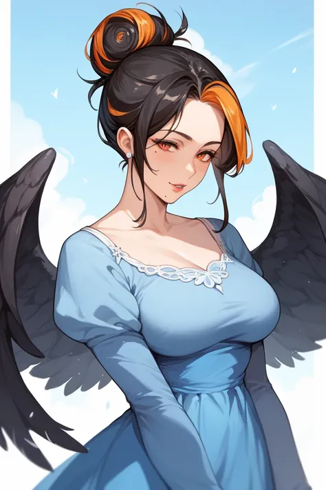 Black hair, mature woman, orange eyes, orange highlights, hair bun,blue dress anime style, ,Black wings with orange details,Mole near the mouth 