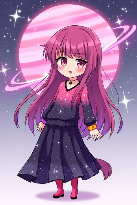 A short, effeminate boy with long hair, in his eyes you can see galaxies and stars, he has a pink and black sweater imitating galaxies, his hair is pink with purple, he wears a long skirt, his butt is very big and can be seen in the skirt, he has a happy s...