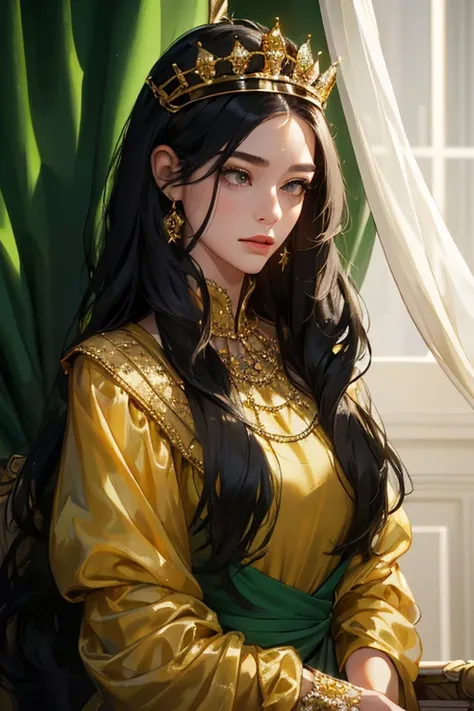 (masterpiece, highest quality), 1 Girl, alone, (Queen:1.15), Black Hair, Long Hair, curtain, green and golden Dress, Queen&#39;s Dress, Aurora, (sunlight, null, river, forest), Expressionless, blue-dark eyes, (Art Nouveau:1.2), Alphonse Mucha, tiara, (Face...