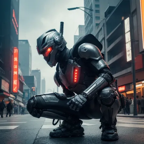 Recypu style, Cyberpunk highly detailed, high-resolution photograph., 
A futuristic, armored warrior crouching on a urban pavement. The subjects head is covered by a sleek, metallic helmet with a visor that obscures the face, giving an ominous, robotic app...