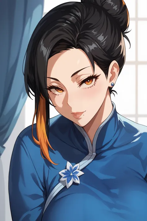 Black hair, mature woman, orange eyes, orange highlights, hair bun,Blue dress, anime style,Mole near the mouth