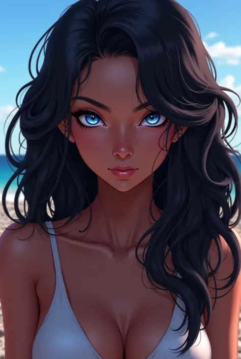 Naruto-style girl, dark skin, medium breasts, radiant skin, long hair, curly hair, blue eyes, looks straight