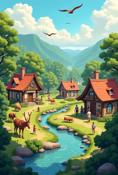 a village with an attractive landscape has adults, men, old people, ren doing various activities in their homes, animals, birds flying, the village is surrounded by forest and a river
