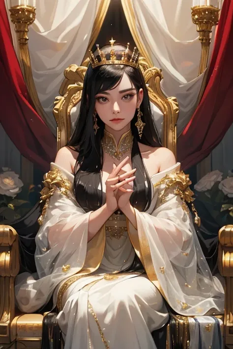 (masterpiece, highest quality), 1 Girl, alone, (Queen:1.15), Black Hair, Long Hair, curtain, silver and golden Dress, Queen&#39;s Dress, Aurora, (sunlight, null, river, forest), Expressionless, blue-dark eyes, (Art Nouveau:1.2), Alphonse Mucha, tiara, (Fac...