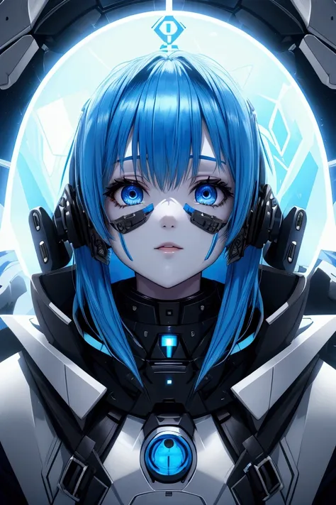 Blue haired girl with BLUE yes in futuristic military outfit with an iron mask