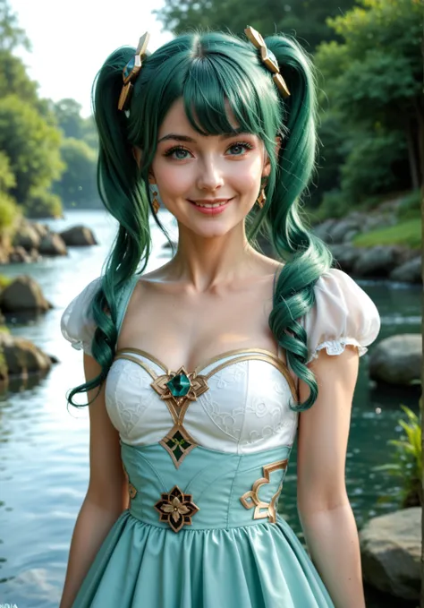 1girl, solo, hair ornament, green hair, twintails, long hair, dress, water, mid shot portrait photo of (Faruzan) from Genshin Impact, panties, dark fantasy background, charming smirking, by Greg Rutkowski and Walt Disney ultra realistic highly detailed int...