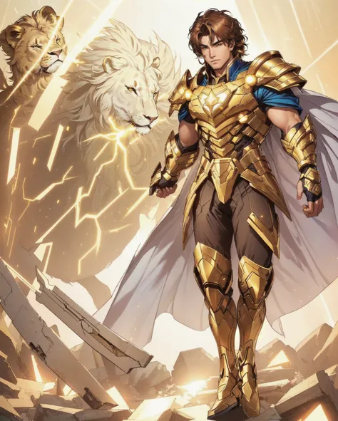 create a young man, cunning and strong, inspired by the heroes of Marvel Comics and DC Comics, full body, very brown hair with white and blue highlights, uniform like gold armor with a matte tone, and helmet that imitates the face of a lion , he has the po...