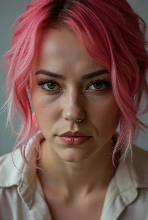  A close-up of Paollas face with a serious expression, she has pink light hair with white strands and a nose piercing, she is looking at the camera, high quality image.