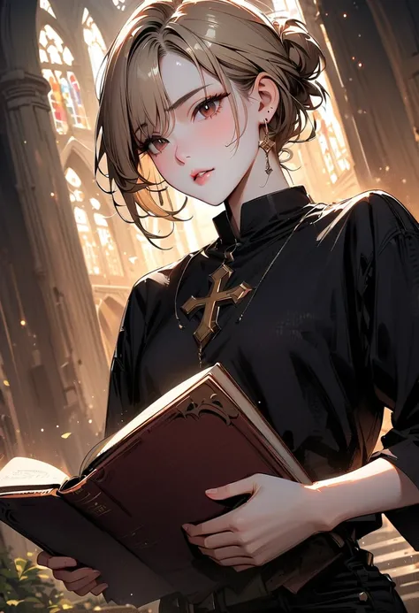 (top quality, 4K, masterpiece :1.3) a young adult beautiful blond man, pale skin, amber eyes, slanted eyes, very short hair, male hairstyle, dressed like a priest, holding a very big ancient book, beautiful detailed eyes, earring, shy look, romantic church...