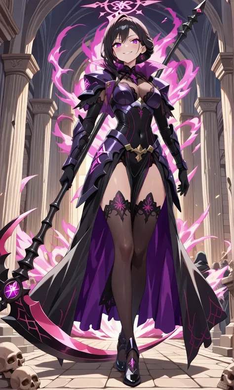 (((masterpiece, best quality, high detailed, 16k))) (1girl) A mysterious and dark woman with long, flowing jet-black hair that blends into the shadows around her, and glowing purple eyes filled with malice. Her expression is one of silent arrogance, her sm...