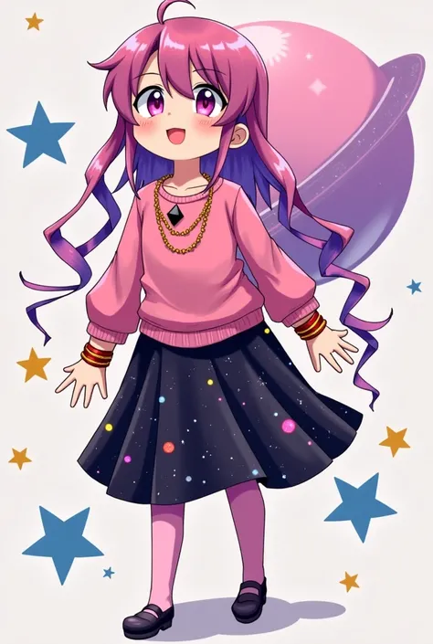 A short, effeminate boy with long hair, in his eyes you can see galaxies and stars, he has a pink and black sweater imitating galaxies, his hair is pink with purple, he wears a long skirt, his butt is very big and can be seen in the skirt, he has a happy s...