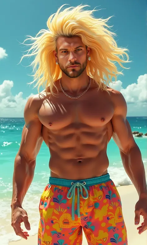 Big blond hair in swimming trunks