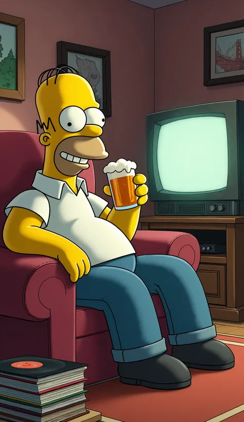  Homer Simpson is sitting on the sofa with a beer in a cozy room looking at an old TV screen,  around a stack of old vinyl records , beauty and comfort ,  high quality,  high detail , realism,