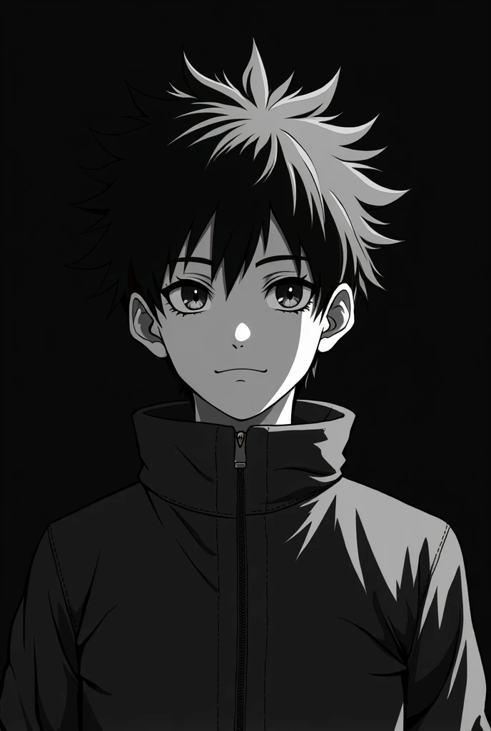 A highly detailed monochrome illustration of a boy in grayscale, inspired by anime art style (Shippuden-like), rendered in 8K resolution with HDR. The composition features a professional and artistic use of black and gray tones, set against a dark or compl...