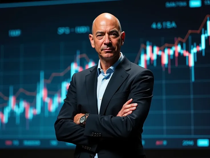  Jeff Bezos with his arms crossed with a serious face looking forward , In the background there is a graphic with the shares increasing  