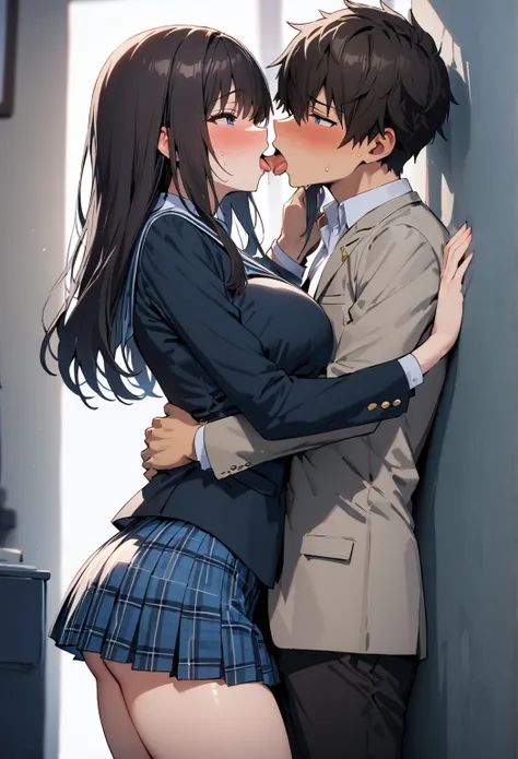 ( masterpiece , top quality:1.2), 1 girl and a high school boy , The two of them hug each other and give a French kiss,  expressive eyes , college den ,  straight hair, Dark Hair,  ((( perfect face girl))), Busty high school girl, uniform,  blue plaid mini...