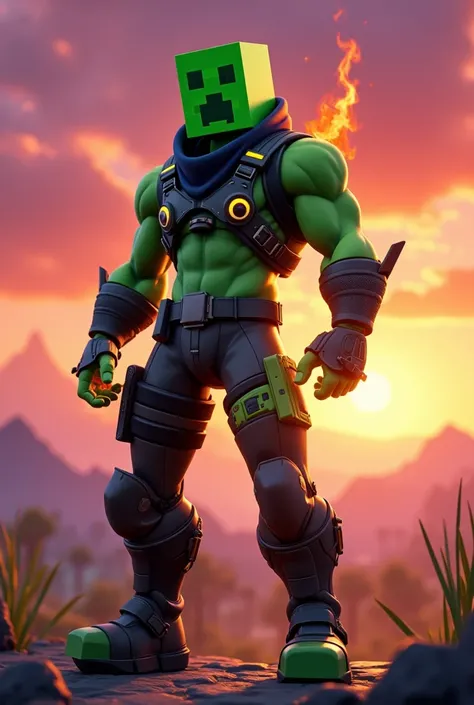 Fait moi un creeper dans un corp de personnage fortnite, la renegate rider avec un coucher de soleil derrière 