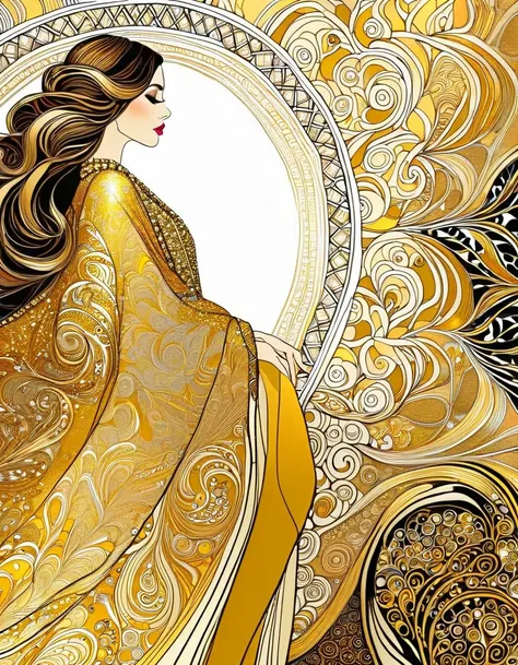 A side view of a beautiful woman wearing a luxurious golden robe with zentangle patterns in the artistic style of, Kustav Klimt