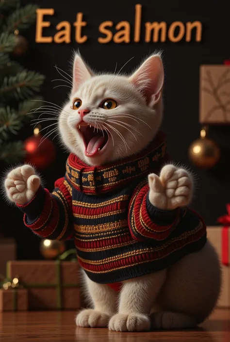 (( masterpiece,  Top Quality ,  maximum image quality ,  Hair Curler,  realistic painting , Raw images,  8k CG integrated wallpaper very high detail )), A kitten in a sweater is shouting at the camera , , and at the top of the screen is a large message “Ea...