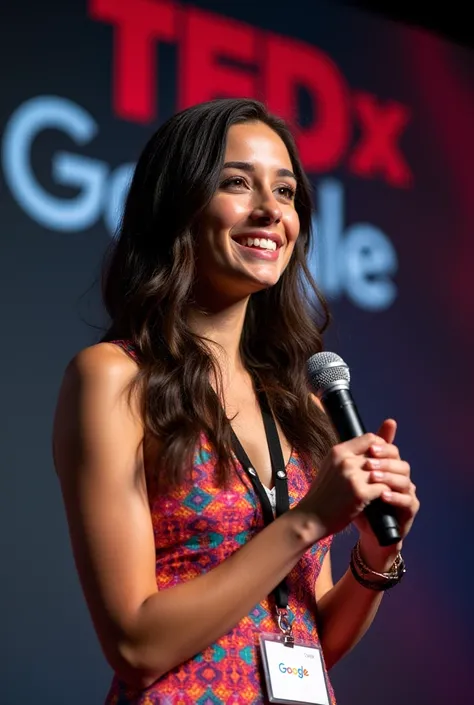 "Create a vibrant and engaging portrait of a young woman speaking at a TEDx event. She should have long, wavy dark hair and be wearing a colorful, patterned dress with a mix of bright hues. The woman is holding a microphone in one hand and has a warm, genu...