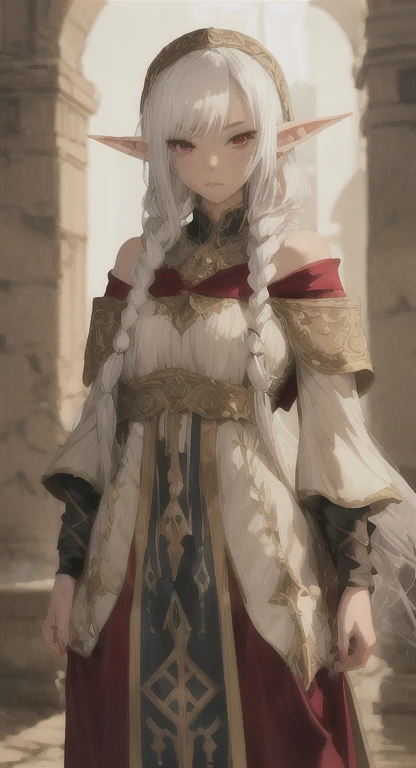 Young woman, Yggdrasil maiden, blind Hylia, white hair, red eyes, blank red pupils, Devine braids, looking at viewer, long messy hair, ancient elf, ancient dress, Palace,