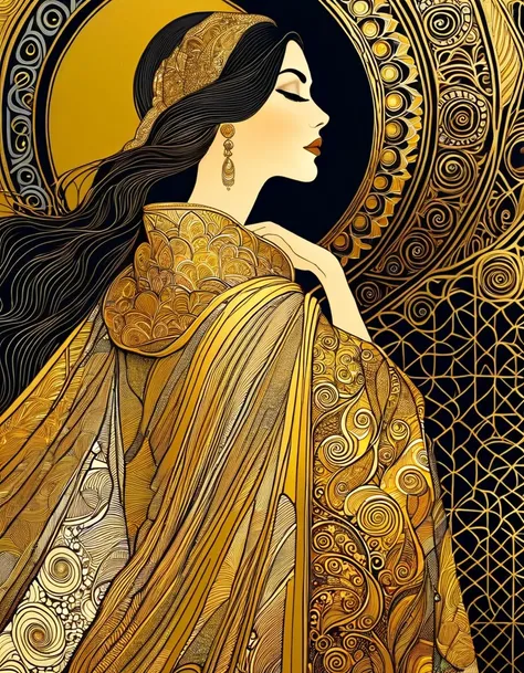 A side view of a beautiful woman wearing a luxurious golden robe with zentangle patterns in old world aesthetics in the artistic style of, Kustav Klimt