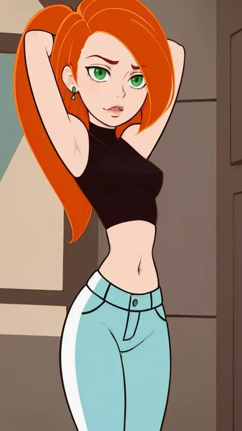 a cartoon girl with red hair and green eyes in jeans, kim possible, character is in her natural pose, she is redhead, she has red hair, she has long orange brown hair, her hair is in a pony tail, she has long redorange hair, redhead girl, anya from spy x f...