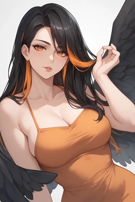 Black hair, mature woman, orange eyes, orange highlights, long hair , Orange dress anime style, ,Black wings with orange details,Mole near the mouth 