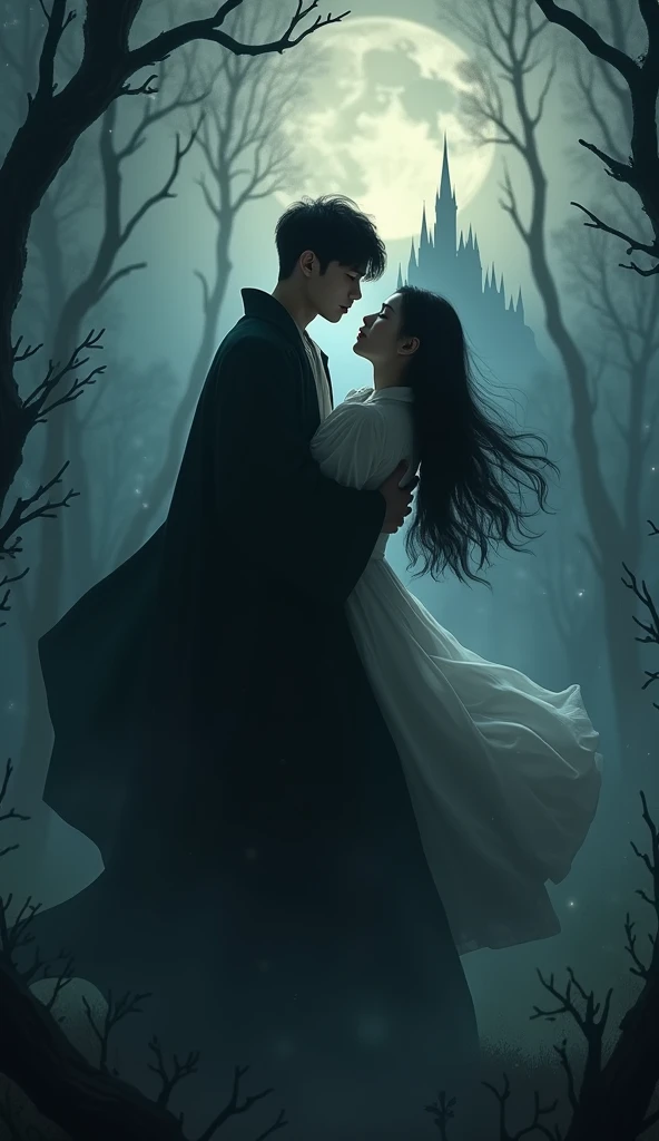 Romantic fantasy book cover titled "Shadow of Love" professional real photo The scene shows a charming 19-year-old Korean young man in a dark robe, surrounded by shadows that move like living creatures. He is holding a young woman with long black hair, who...