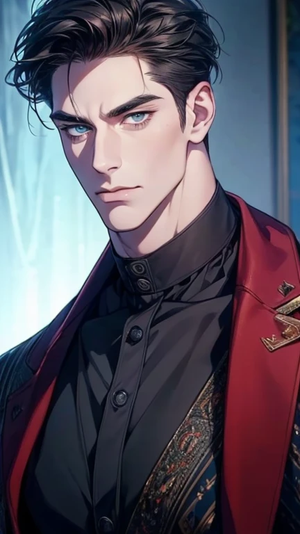 (best quality,4k,8k,highres,masterpiece:1.2),ultra-detailed,(realistic,photorealistic,photo-realistic:1.37),36 year old man,3 day beard,handsome anime,portraits,strong,masculine,dark hair,sharp jawline,mesmerizing eyes,perfectly styled hair,cool anime outf...