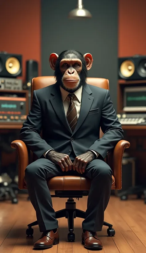 3D render, realistic, a professional recording studio with a chimpanzee in clothes sitting on a chair