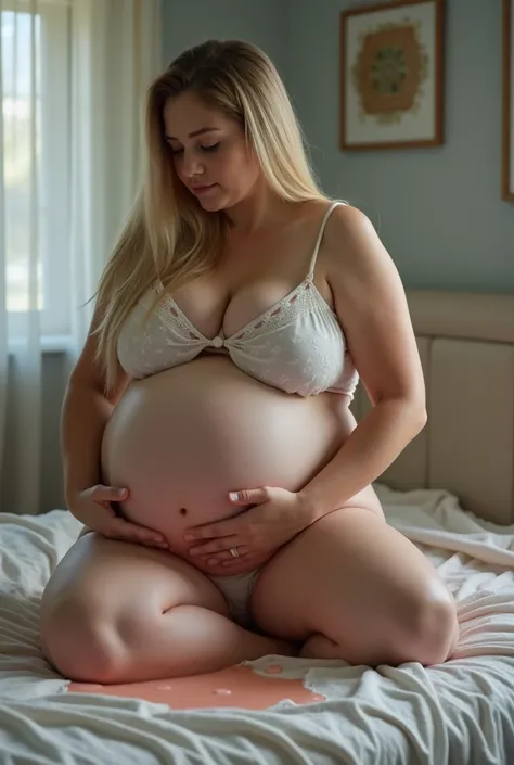  BLONDE WOMAN, Young, pregnant with quadruplets . She has long hair and big breasts .  She has an abnormal big belly !  She also ate A LOT and drank A LOT of SODA !  Shes very fat and swollen !  Shes 41 weeks pregnant , almost giving birth . She is tired. ...